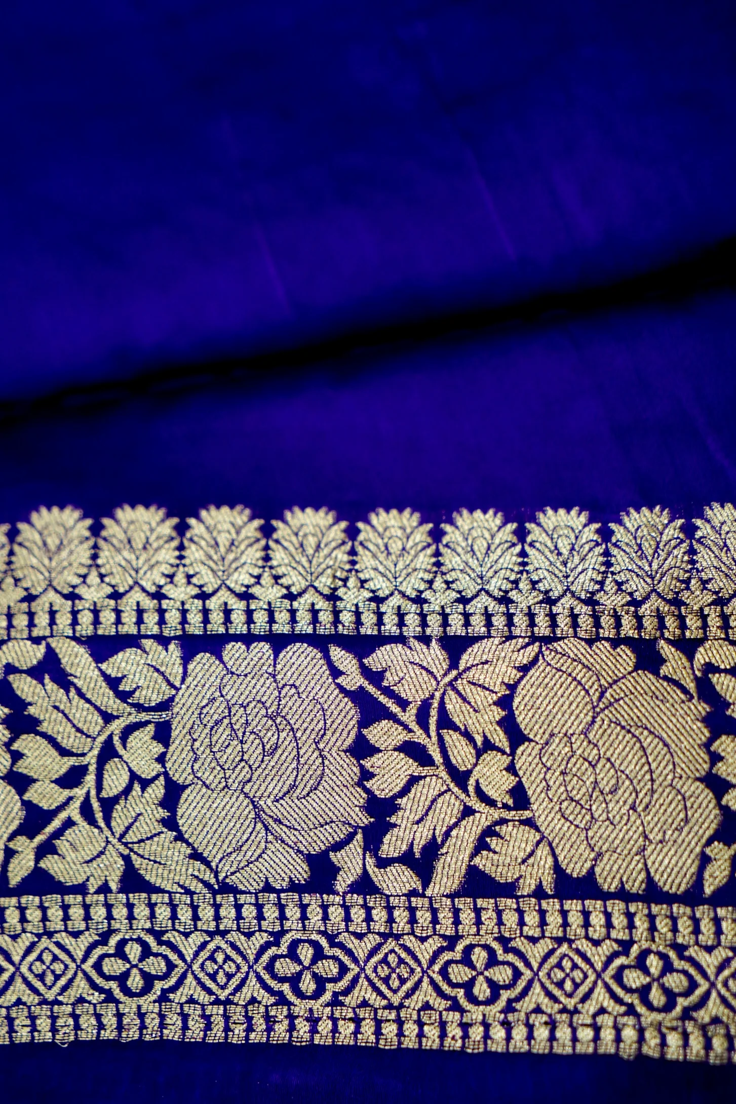 Deep Cobalt Blue Banarasi Satin Saree with brush work - Image 5